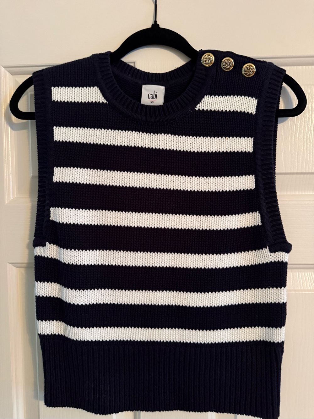 CAbi Navy and White Striped Knit Shell with Gold Accent Buttons